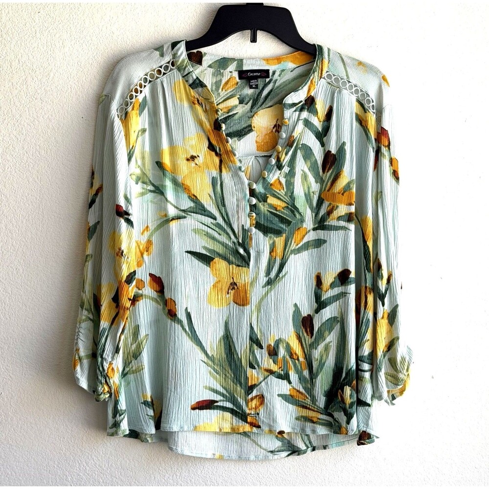 Cocomo Gauzy Floral Button Front Blouse 3/4 Sleeve XL Green Yellow Stretch